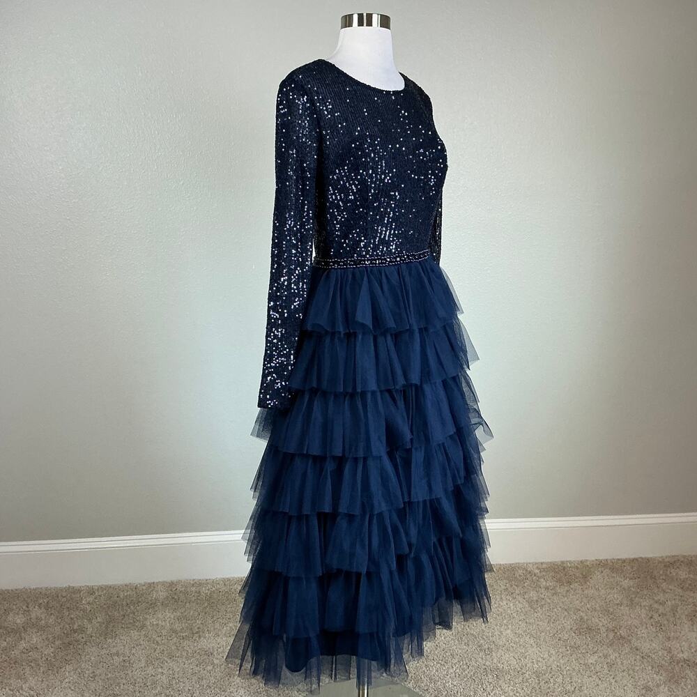 Mac Duggal 26299 Blue Cocktail Dress Sequined Tulle Long Sleeve A-Line Size 14 - Picture 3 of 11